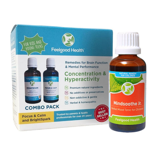 Feelgood Health bundle with MindSoothe Jr bottle and ADHD Combo box on a white background