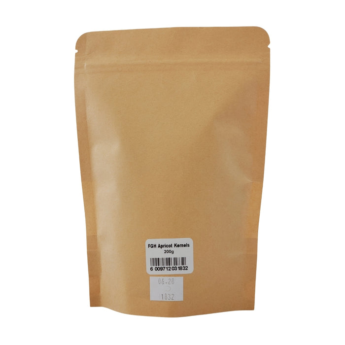 Back view Feelgood Health Apricot Kernels 200g in a brown resealable pouch for wholesale