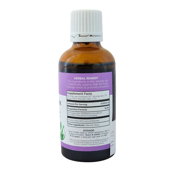 Wholesale AshwaRelax herbal tincture 50ml bottle showing the ingredients label with directions for use and supplement facts.