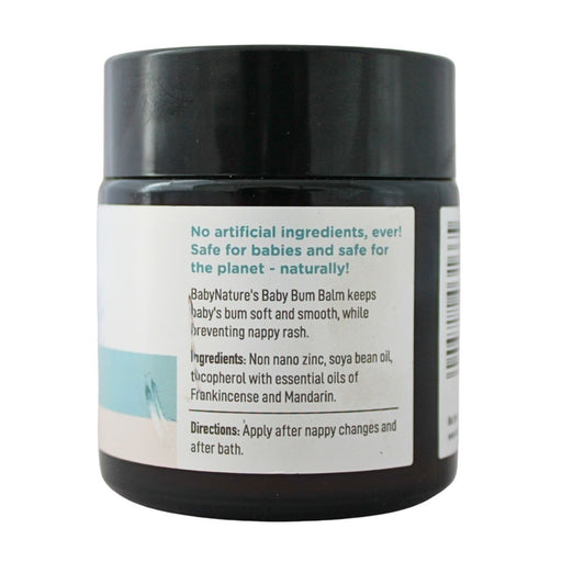 Wholesale Baby Nature Baby Bum Balm jar showing ingredients, directions, and claims that it contains no artificial ingredients and is safe for babies.