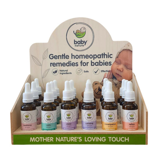Wholesale display of BabyNature baby drops, gentle homeopathic remedies for infant wellness.
