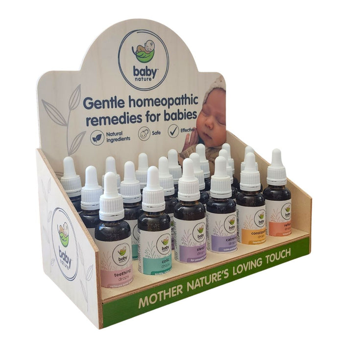 Natural baby drops display for retailers - BabyNature homeopathic wellness collection.