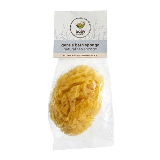 Wholesale BabyNature Gentle Bath Sponge made from natural sea sponge, shown in yellow with its original packaging.