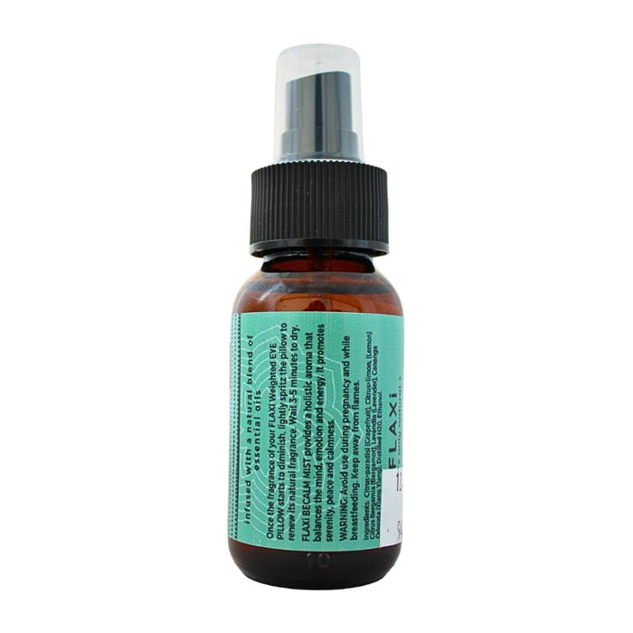 Wholesale FLAXi Becalm Mist label with usage instructions and essential oil ingredients.