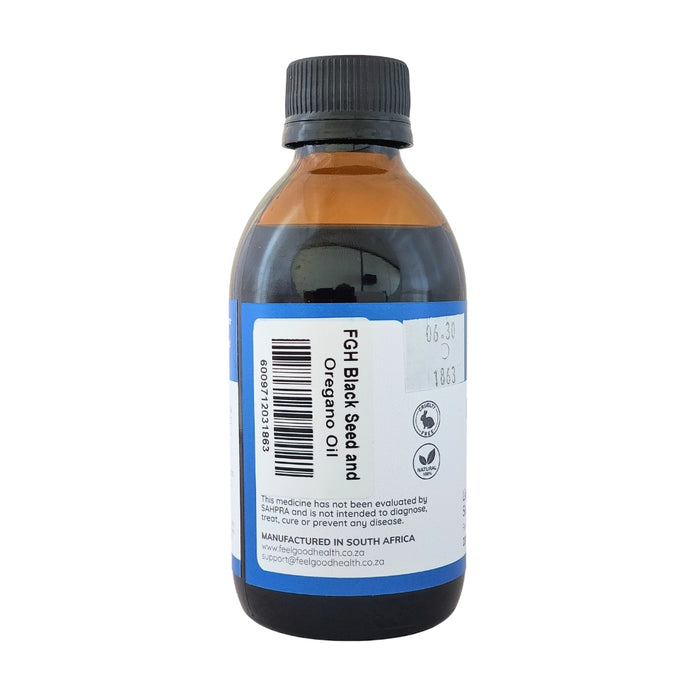 Wholesale Black Seed + Oregano Oil bottle left view showing barcode and product information
