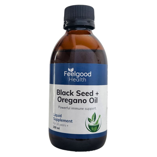 Wholesale supplier of Feelgood Health Black Seed + Oregano Oil, a liquid supplement formulated with black seed and oregano oil for immune support, suitable for health and wellness retailers.