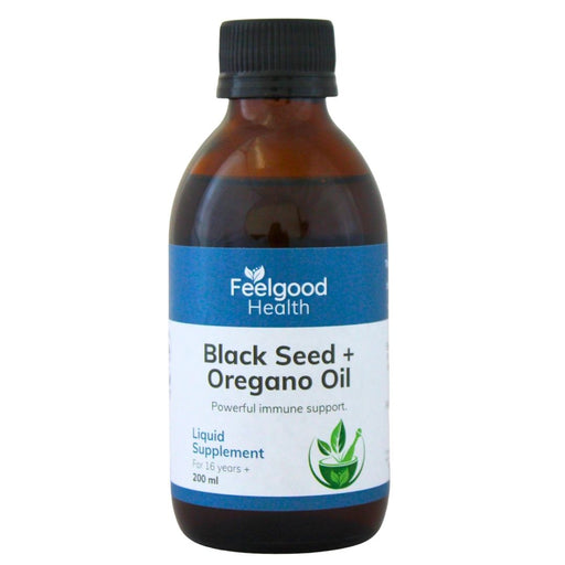 Wholesale supplier of Feelgood Health Black Seed + Oregano Oil, a liquid supplement formulated with black seed and oregano oil for immune support, suitable for health and wellness retailers.