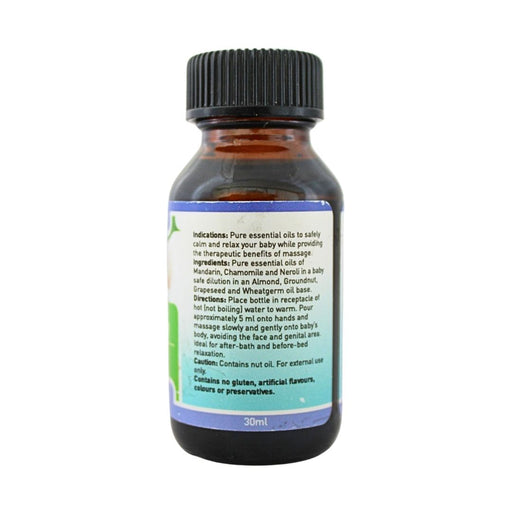 Wholesale Blissful Baby Massage Oil bottle showing product information, directions for use, ingredients and safety details.
