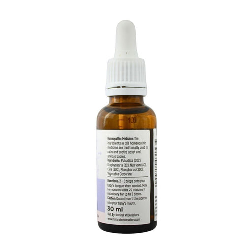 Wholesale BabyNature Calming drops bottle showing ingredients, directions, and claims that it contains no artificial ingredients and is safe for babies.