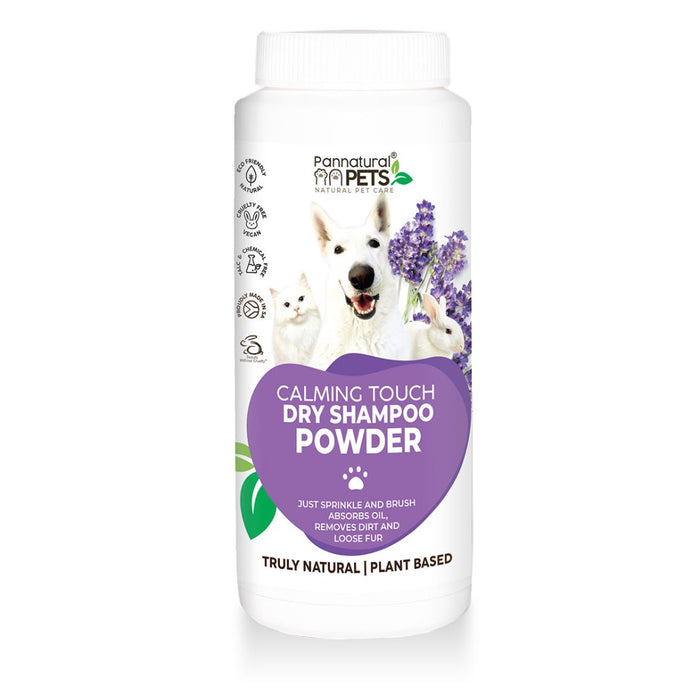Wholesale natural pet dry shampoo powder with lavender and sage, absorbs oil and removes dirt for a clean, calm, and fresh pet coat.