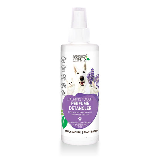 Wholesale calming touch pet perfume detangler by Pannatural Pets, plant-based formula with lavender and sage for soft, tangle-free fur.