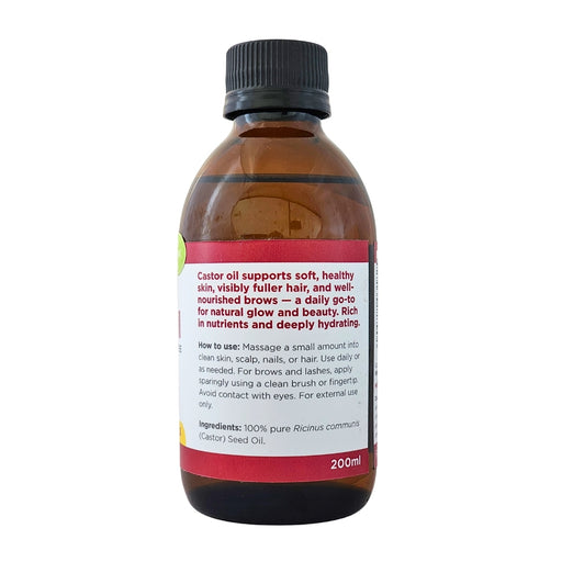 Wholesale Castor Oil 200ml bottle showing the ingredients label with directions for use and supplement facts.