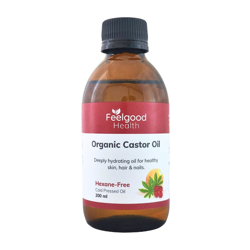 Bottle of Feelgood Health Organic Castor Oil on a white background - wholesale supplier