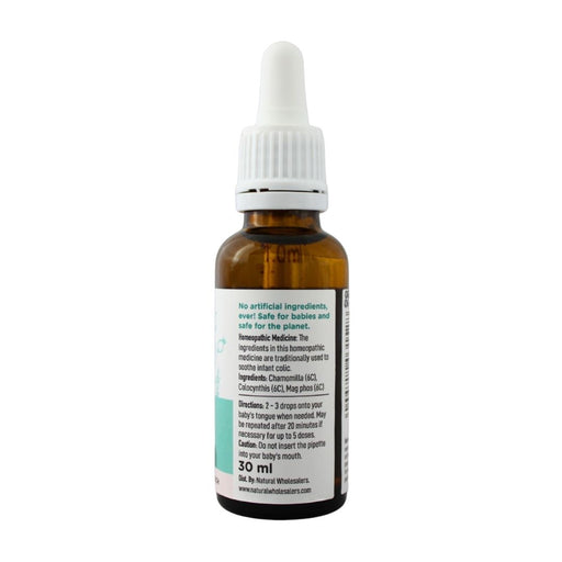 Wholesale BabyNature Colic Drops Bottle showing ingredients, directions, and claims that it contains no artificial ingredients and is safe for babies.