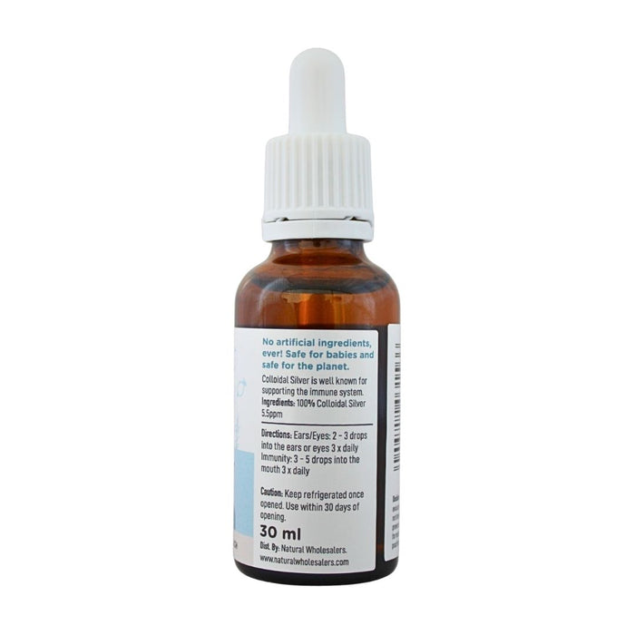 Wholesale BabyNature Colloidal Silver Drops Bottle showing ingredients, directions, and claims that it contains no artificial ingredients and is safe for babies.
