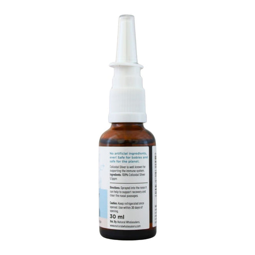Wholesale BabyNature Colloidal Silver Nasal Spray showing ingredients, directions, and claims that it contains no artificial ingredients and is safe for babies.