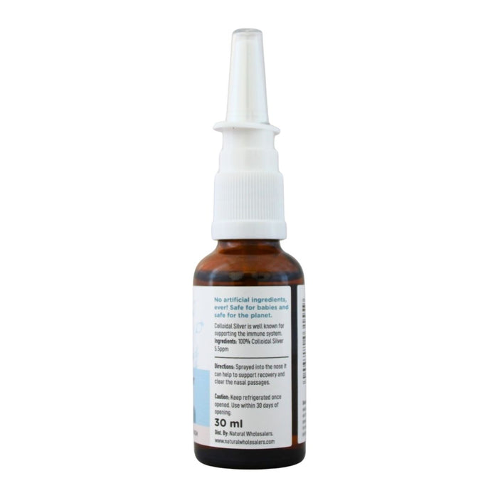 Wholesale BabyNature Colloidal Silver Nasal Spray showing ingredients, directions, and claims that it contains no artificial ingredients and is safe for babies.