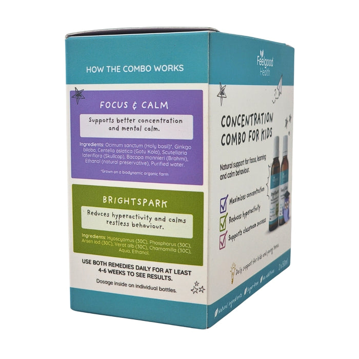 Wholesale Kids’ Concentration Combo - BrightSpark and Focus & Calm formulas with ingredients and daily use information