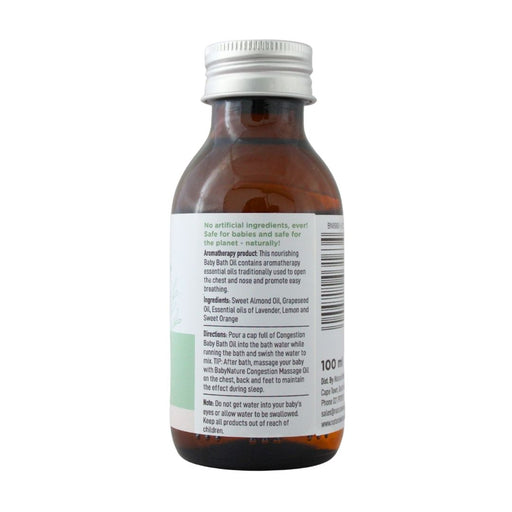 Wholesale Baby Nature Congestion Bath Oil 100ml – back label with ingredients, directions and safety information.