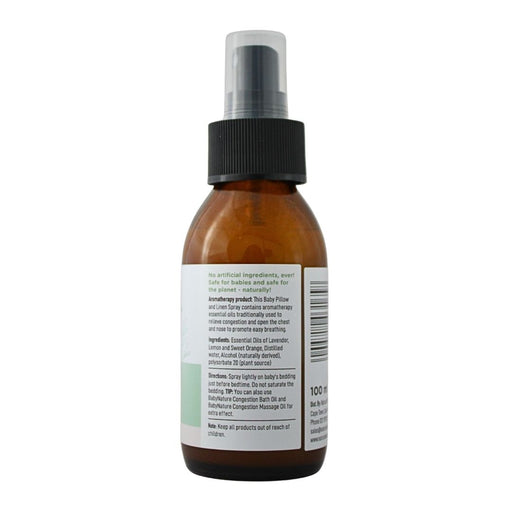 Wholesale BabyNature Congestion Linen Spray 100ml – back label with ingredients, directions and safety information.