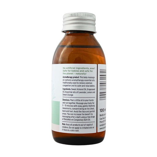 Wholesale Baby Nature Congestion Massage Oil 100ml - back label with ingredients, directions and safety information.