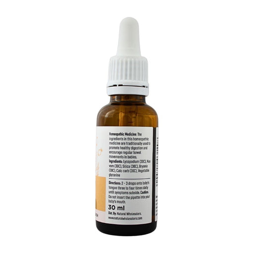 Wholesale BabyNature Constipation Drops Bottle showing ingredients, directions, and claims that it contains no artificial ingredients and is safe for babies.