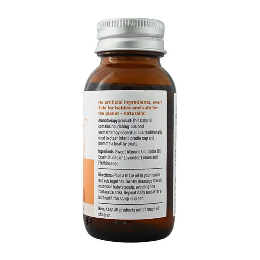 Wholesale BabyNature Cradle Cap Oil showing ingredients, directions, and claims that it contains no artificial ingredients and is safe for babies.