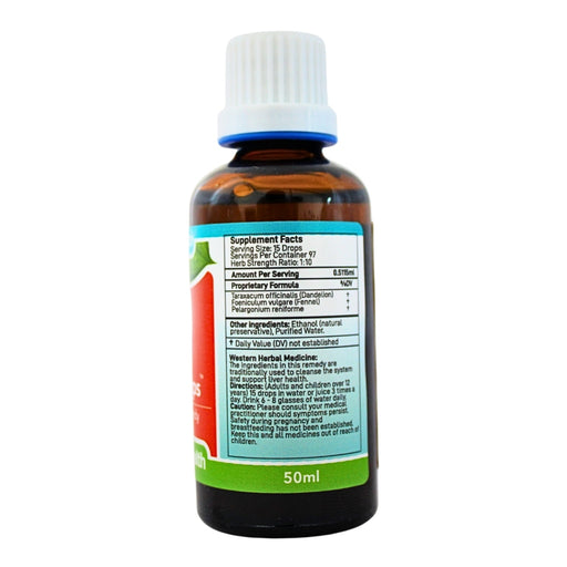 Wholesale Detox drops herbal tincture 50ml bottle showing the ingredients label with directions for use and supplement facts.