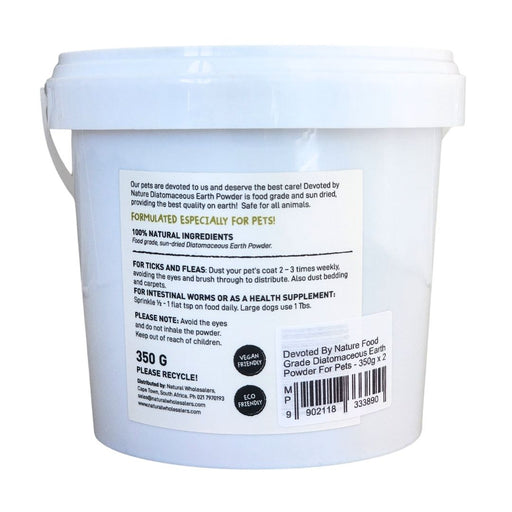 Wholesale Diatomaceous 350g tub showing the ingredients label with directions for use and supplement facts.