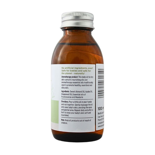 Baby Nature Dry Skin Massage Oil 100ml - back label with ingredients, directions and safety information.