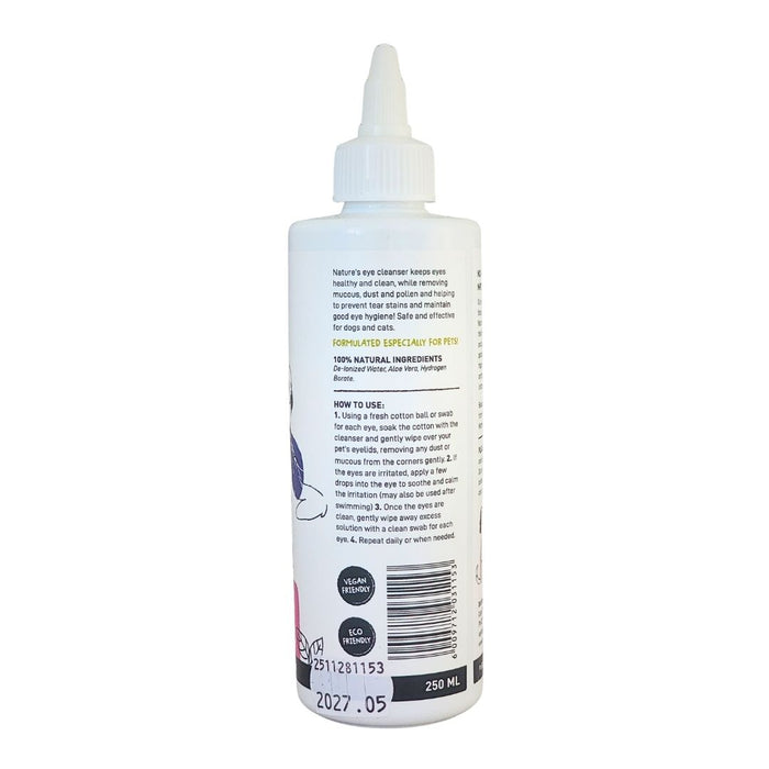 Wholesale Devoted by Nature Eye Cleanser bottle showing the back label with ingredients, usage instructions, and a reminder that the product is for external use only.