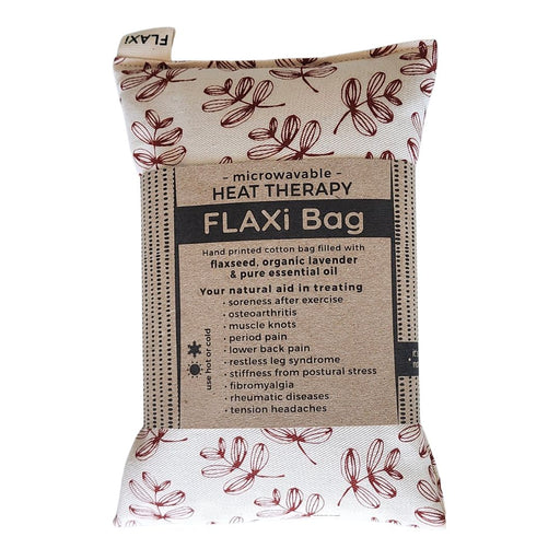 Wholesale Microwavable FLAXi heat therapy bag with maroon foliage and cardboard label