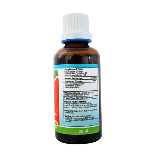 Wholesale Fertile XY herbal tincture 50ml bottle showing the ingredients label with directions for use and supplement facts.