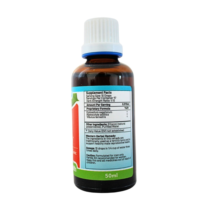 Wholesale Fertile XY herbal tincture 50ml bottle showing the ingredients label with directions for use and supplement facts.