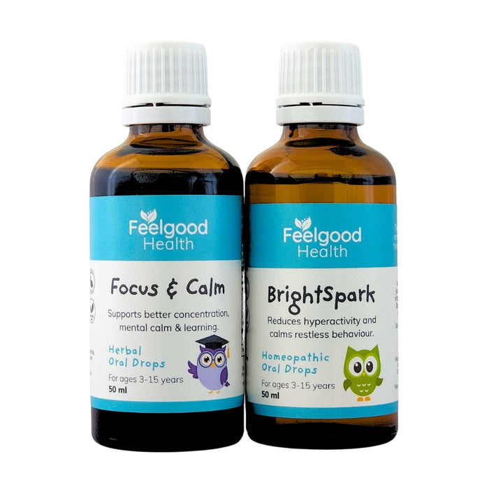 South Africa Wholesale Supplier: Two bottles, BrightSpark + Focus & Calm – Natural Remedies for Hyperactivity, ADHD Concentration Support in Kids