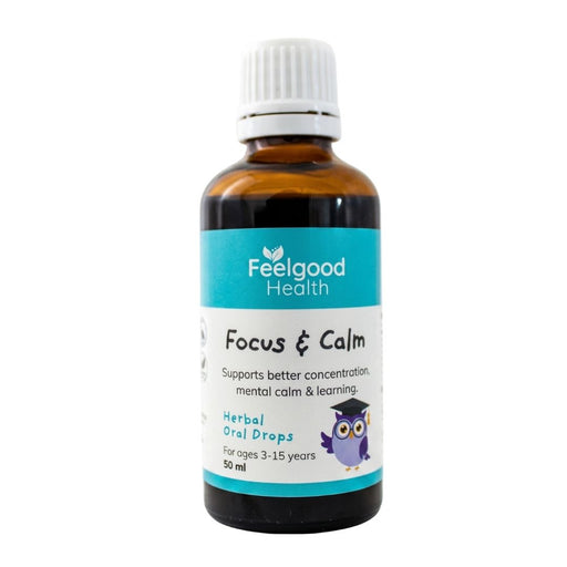 Wholesale Distribution: Bottle of Focus & Calm Feelgood Health – Herbal Remedy for Concentration Support in Kids - on white 