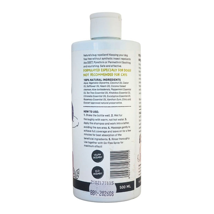 Wholesale Side view of Devoted by Nature Go-Flea Shampoo, showing natural ingredients, directions for use, vegan and eco-friendly labels, and 500 ml packaging.