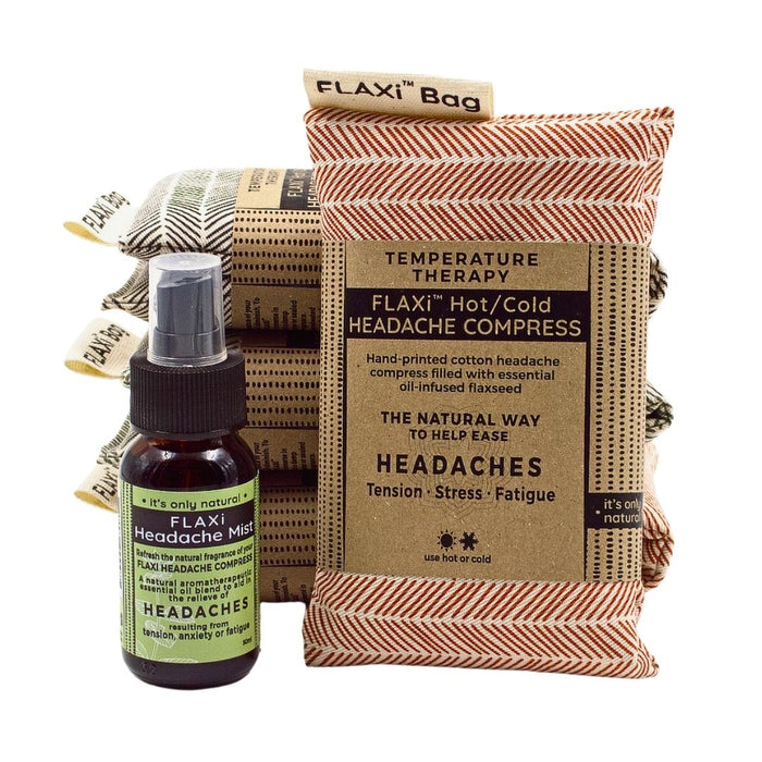 Wholesale FLAXi Headache Mist and Hot/Cold Headache Compress for easing headaches, tension, stress and fatigue.