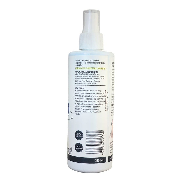 Wholesale Devoted by Nature Anti-Itch Spray bottle showing the back label with 100% natural ingredients, usage instructions, and a reminder that the product is for external use only.