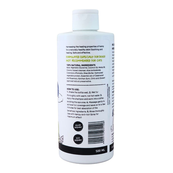 Wholesale Devoted by Nature Anti-Itch Shampoo bottle showing the back label with 100% natural ingredients, usage instructions, and a reminder that the product is for external use only.