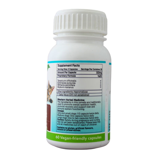 Wholesale Immunity & Liver Support bottle showing the ingredients label with directions for use and supplement facts.