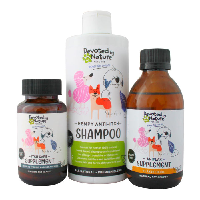 Three Devoted by Nature pet skin health and allergy products on a white background - wholesale distribution