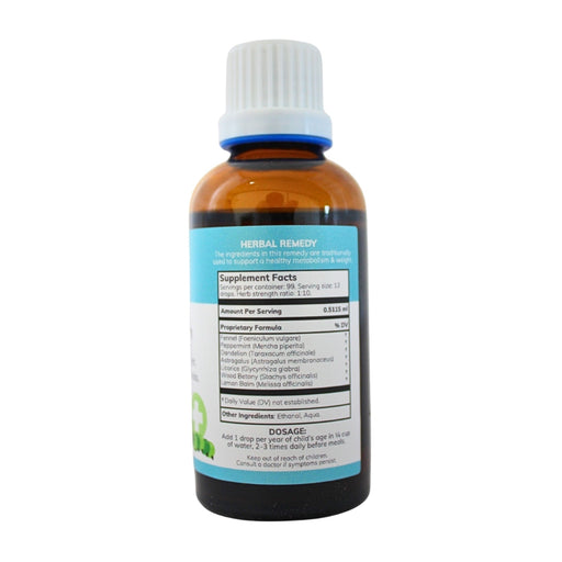 Wholesale JuniorSlim herbal tincture 50ml bottle showing the ingredients label with directions for use and supplement facts.