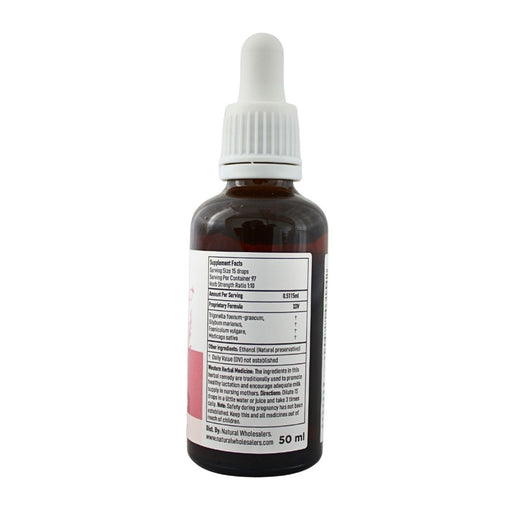 Wholesale BabyNature Lactation Drops Bottle showing ingredients, directions, and claims that it contains no artificial ingredients and is safe for babies.