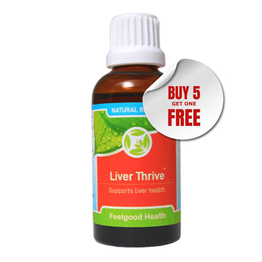 Bottle of Feelgood Health's Herbal Liver Thrive, available for wholesale orders in South Africa - currently on special Buy 5 Get 1 Free