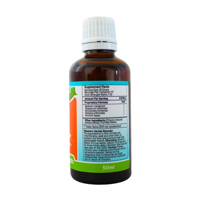Wholesale Liver herbal tincture 50ml bottle showing the ingredients label with directions for use and supplement facts.