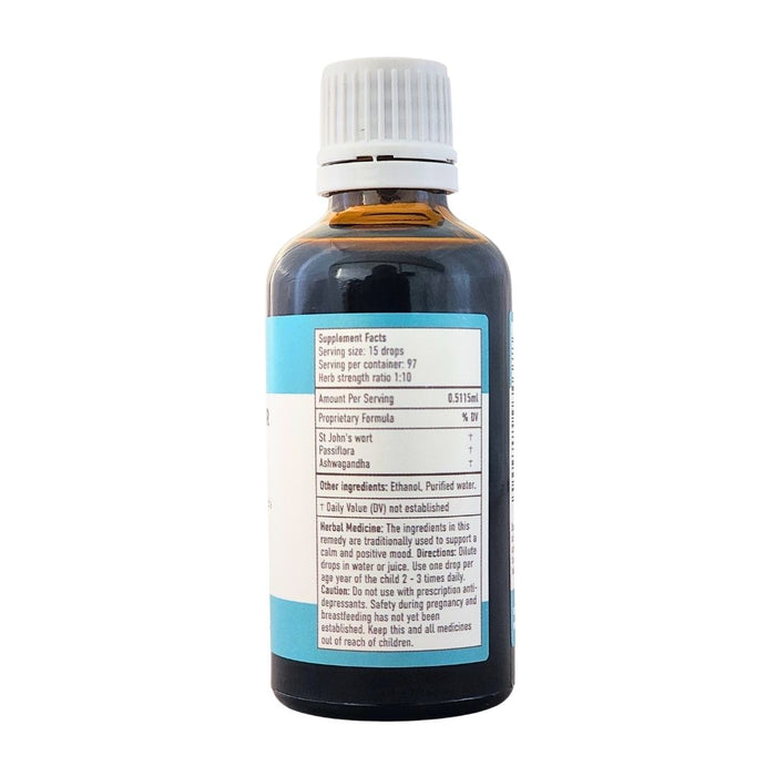 Wholesale MindSoothe Jr herbal tincture 50ml bottle showing the ingredients label with directions for use and supplement facts.