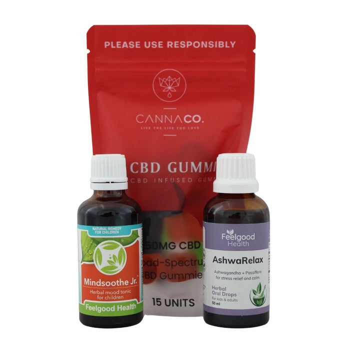 Two bottles of 'Feelgood Health' products with a red 'Cannaco' CBD gummies package on a white background.