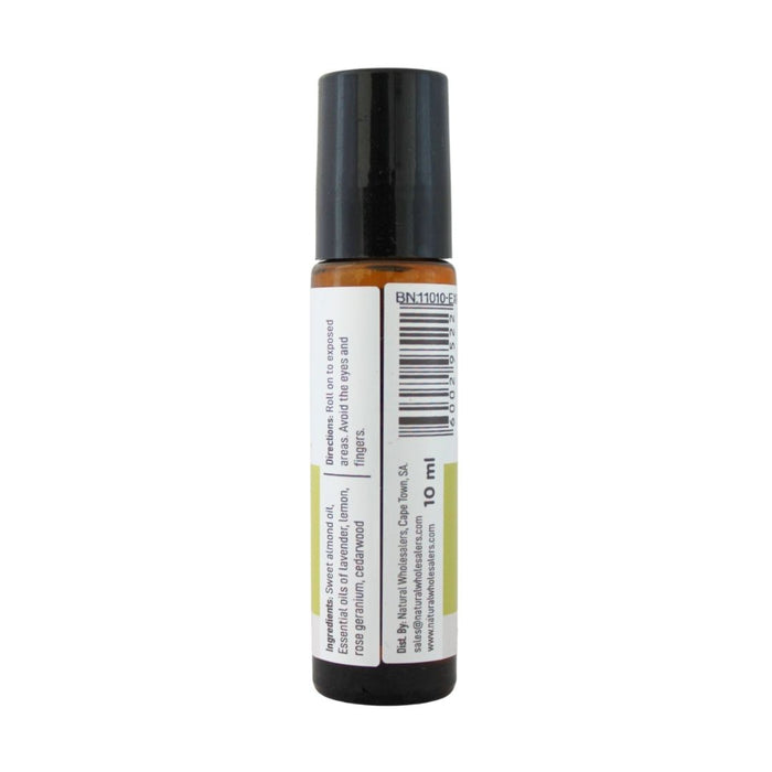 Wholesale BabyNature No Bugs 10ml roll-on showing ingredients, directions, barcode and distributor details.