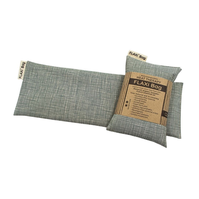 Wholesale FLAXi Bag microwavable heat therapy bag filled with flaxseed and organic lavender, with a product label showing heat therapy uses.